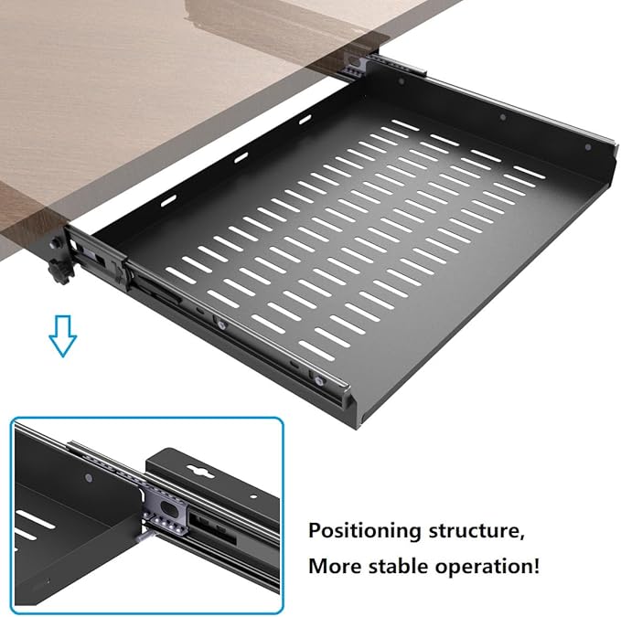 Sliding Under Desk Laptop Mount Shelf with Air Vents, W 16.3" x D 12" Metal Under Desk Slide Out Tray for Laptop (16 Inch Wide)
