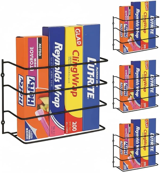 Kitchen Wrap Organizer, 4 Pack, Hold up to 4 Plastic, Foil, Paper, Wax, Black