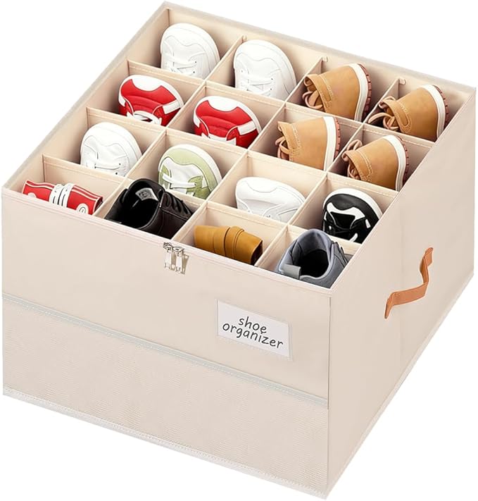 Shoe Organizer for Closet, Foldable Shoe Storage Organizer Containers with Clear Cover, Space Saving Shoes Holder with Handles, Beige (1, L)