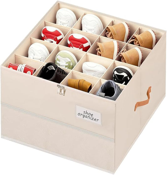Shoe Organizer for Closet, Foldable Shoe Storage Organizer Containers with Clear Cover, Space Saving Shoes Holder with Handles, Beige (1, L)