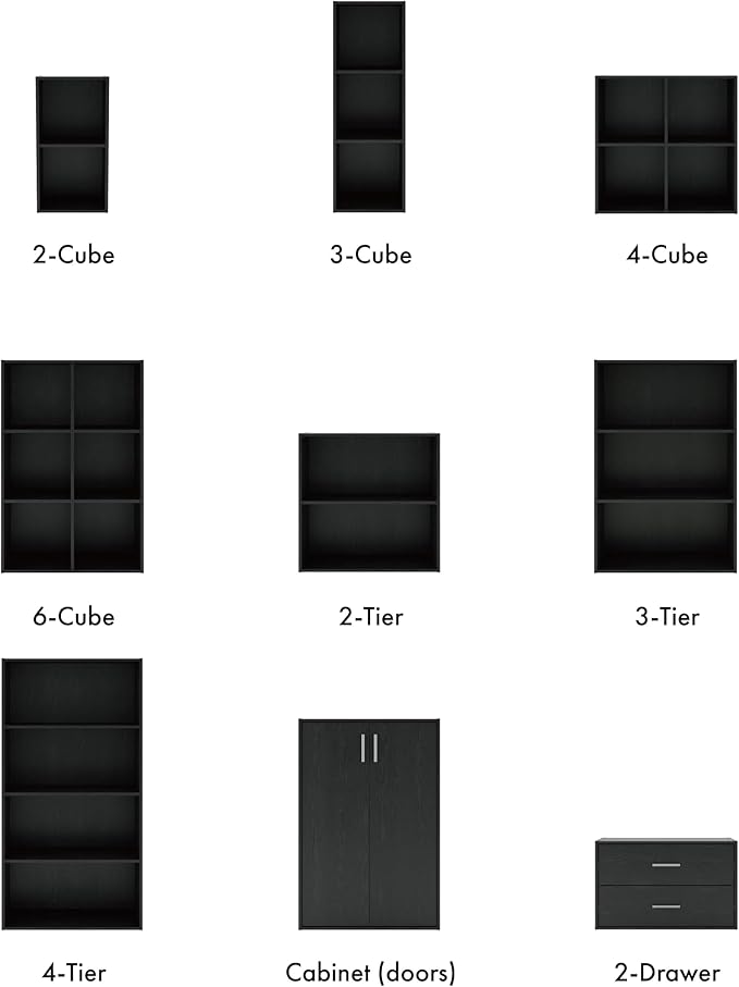 Homes: Inside + Out Apexa 4-Tier Cube Storage Organizer Shelves, Stackable Wood Bookcase Fits Cubby Bins for Organization, Dorm Teen Room Decor & Home Office, Black