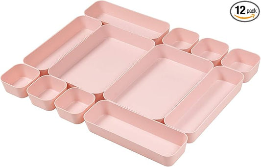 Set Of 12 Pink Color Plastic Desk Drawer Organizers For Makeup Bathroom Office