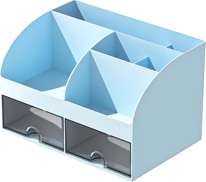Desk Organizer with 6 Compartments and 2 Drawers, Plastic Makeup Organizer, Blue