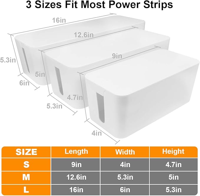 Cable Management Box - 3 Pack Cord Organizer Box for Desk - Large Medium Small Cable Box to Hide Power Strip & Wires - Pet-Safe Cord Hider for TV Computer Under Desk - White