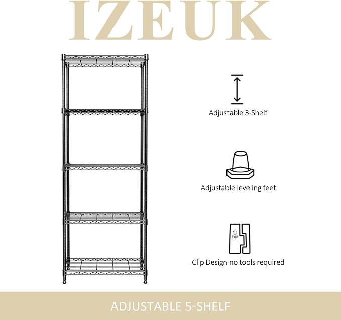 IZEUK 5-Shelf Adjustable Steel Wire Storage Shelving Unit, 13.7" D x 23.6" W x 63" H, 1250 lbs, Black, Heavy Duty Metal Storage Rack for Home & Garage Shelving Organizer