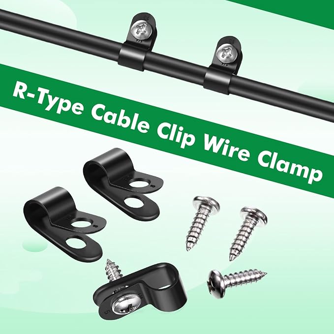 Hicarer 50 Pack R-Type Cable Clip Wire Clamp, Nylon Screw Mounting Cord Fastener Clips with 50 Pack Screws for Wire Management (Black,1/4Inch)