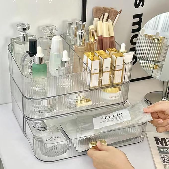 Stackable Makeup Organizer Drawers, Bathroom Vanity Organizers and Storage, Ideal for Desk and Dresser Countertops, Great for Cosmetics, skincare, Lipsticks, Nail Care -Clear