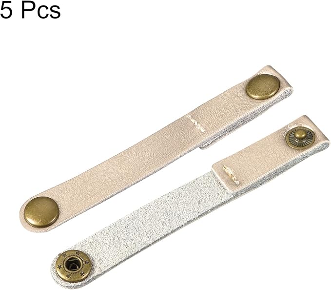 MECCANIXITY Pack of 5 Leather Cable Straps Cord Organizer 90x12mm Portable Cable Leather Clips Golden Earphone Cord Management for Cable, Wire