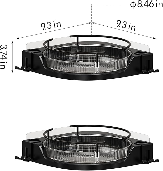 360°Rotating Corner Shower Caddy(2-Pack), No-Drill Adhesive Shower Shelf Organizer with Hooks, Lazy Susan Bathroom Storage for Bathtub, Shower Corner & Kitchen Sink, Space Saving Bathroom Organizer