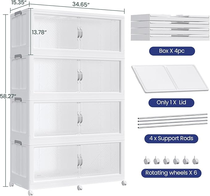 240Gal/960QT 4-Tiers Extra Large Stackable Storage Bins with Lid, Collapsible Cabinet Closet Organizer Plastic Container Box with Wheels Doors Drawers for Office Dorm Kitchen, White