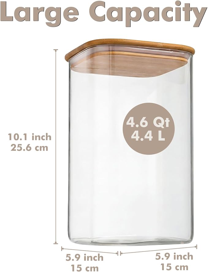 2-Pack 4.6Qt Large Glass Flour Sugar Storage Containers with Bamboo Lids, Wide-Mouth Food Jars with Measuring Cups for Baking, Gallon Glass Storage Pantry Jars for Sugar, Flour, Rice, Oats