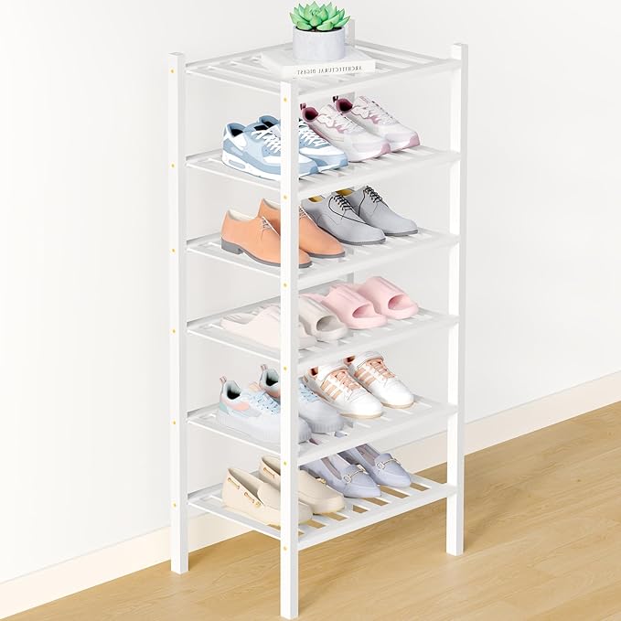 Smiry Bamboo Shoe Rack for Closet, 6 Tier Small Wooden Shoe Organizer, Stackable Wood Shoe Storage Shelf for Entryway, 14 Vertical Slats, 3+3 Stack Heavy-Duty Legs, 17.32"x11.02"x36.61", White