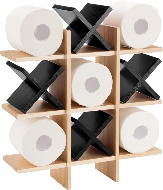 Weysat Tic Tac Toe Toilet Paper Holder Stand Bathroom Wall Decor Rustic Wooden Hanging Storage Freestanding Wall Mounted Shelves Decor for Toilet Tissue Farmhouse