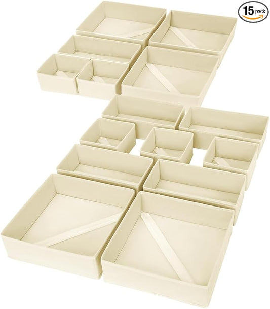 Drawer Organizer Clothes, 15 Pack Dresser Organizer, Beige