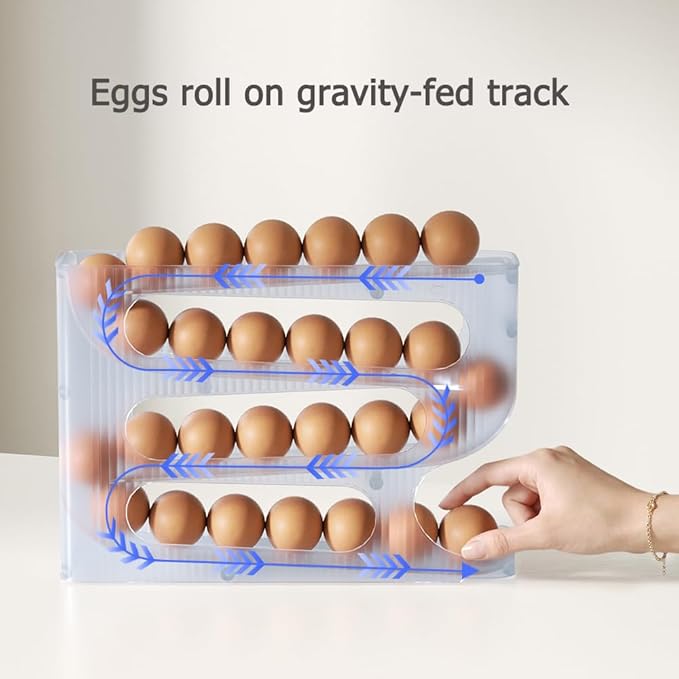 Sotfamily Egg Holder for Fridge, Auto Rolling Egg Dispenser for Refrigerator, Kitchen - Space-saving Egg Roller/Organizer/Storage/Container/Tray - 1 Pack for 28 Large Size Eggs(Frosted Clear)
