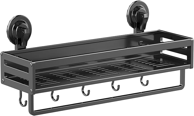 Suction Cup Shower Caddy, 11.8 inch Extended Version, with 5 Hooks & Towel Rrack, No Drilling Required, Rust-Resistant Bathroom Shower Organizer,Dark Grey