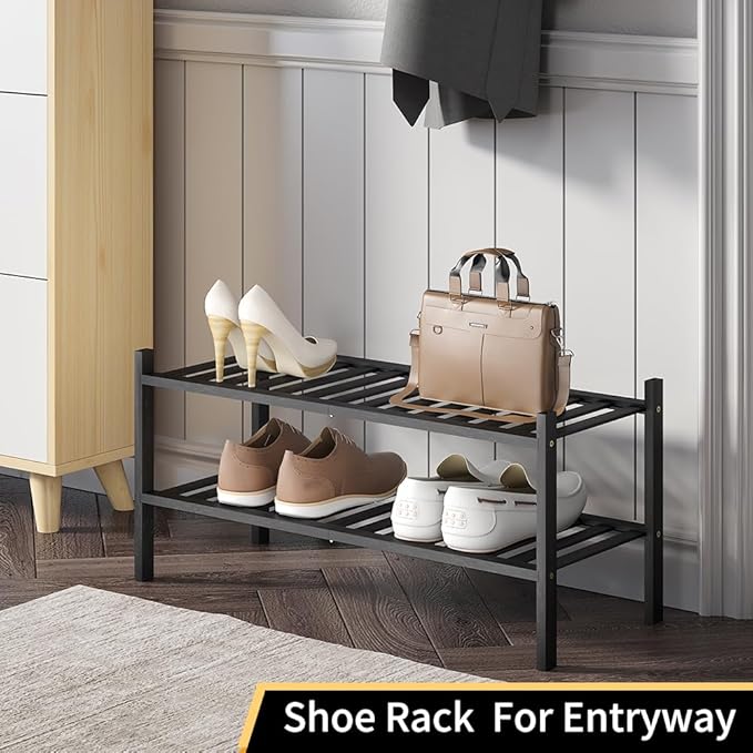 Shoe Rack, 2-Tier Bamboo Stackable Shoe Shelf Storage Organizer