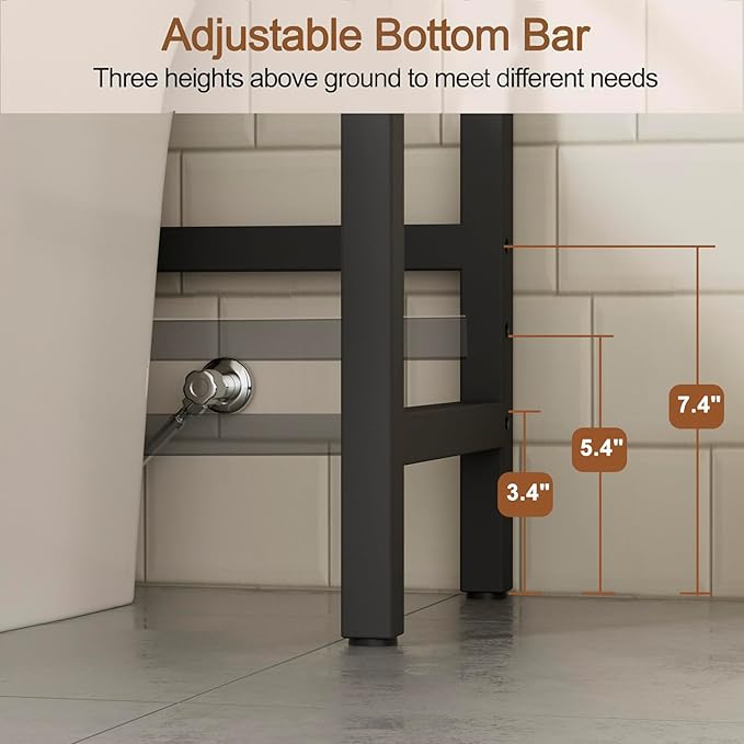 74" H Over the Toilet Storage Rack, 3-Tier Bathroom Organizer with Toilet Paper Holder & Hooks, Metal Frame with Wooden Shelves, Space Saver for Small Bathroom, Rustic Brown and Black
