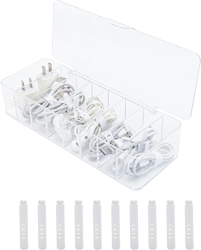 Cable Organizer Storage Box Plastic Cable Cord Management Box Power Cord Organizer Case with 10Pcs Rubber Ties for Office, Home, Desk Accessories Storage Stationery Supplies