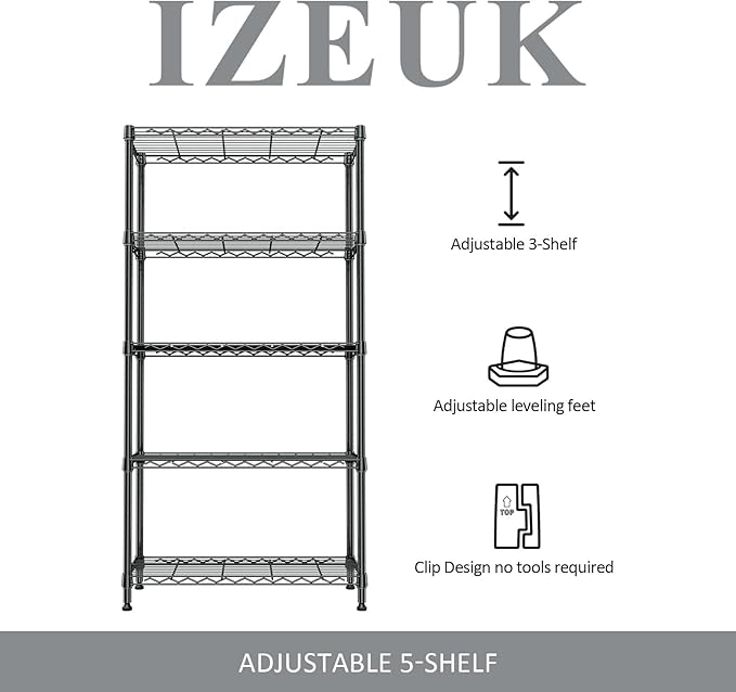 IZEUK 5-Tier Metal Storage Shelving Unit, 1250 lbs, Black,13.8" D x 29.5" W x 59.5" H, Wire Shelf for Home, Kitchen, Office and Garage Organization