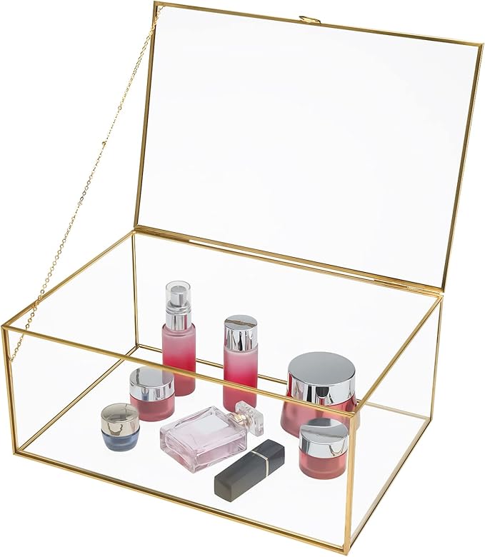 HighFree Vintage Glass Box with Lid - Clear Jewelry Glass Display Box Keepsake Box - Home Decor Decorative Box for Trinket Rings Bracelet (Gold, X-Extra Large)