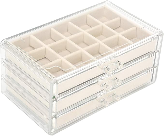 FEISCON Acrylic Jewelry Organizer Makeup Cosmetic Storage Organizer box Clear Jewelry Case with 3 Drawers Adjustable Jewelry Box Velvet Trays grid size