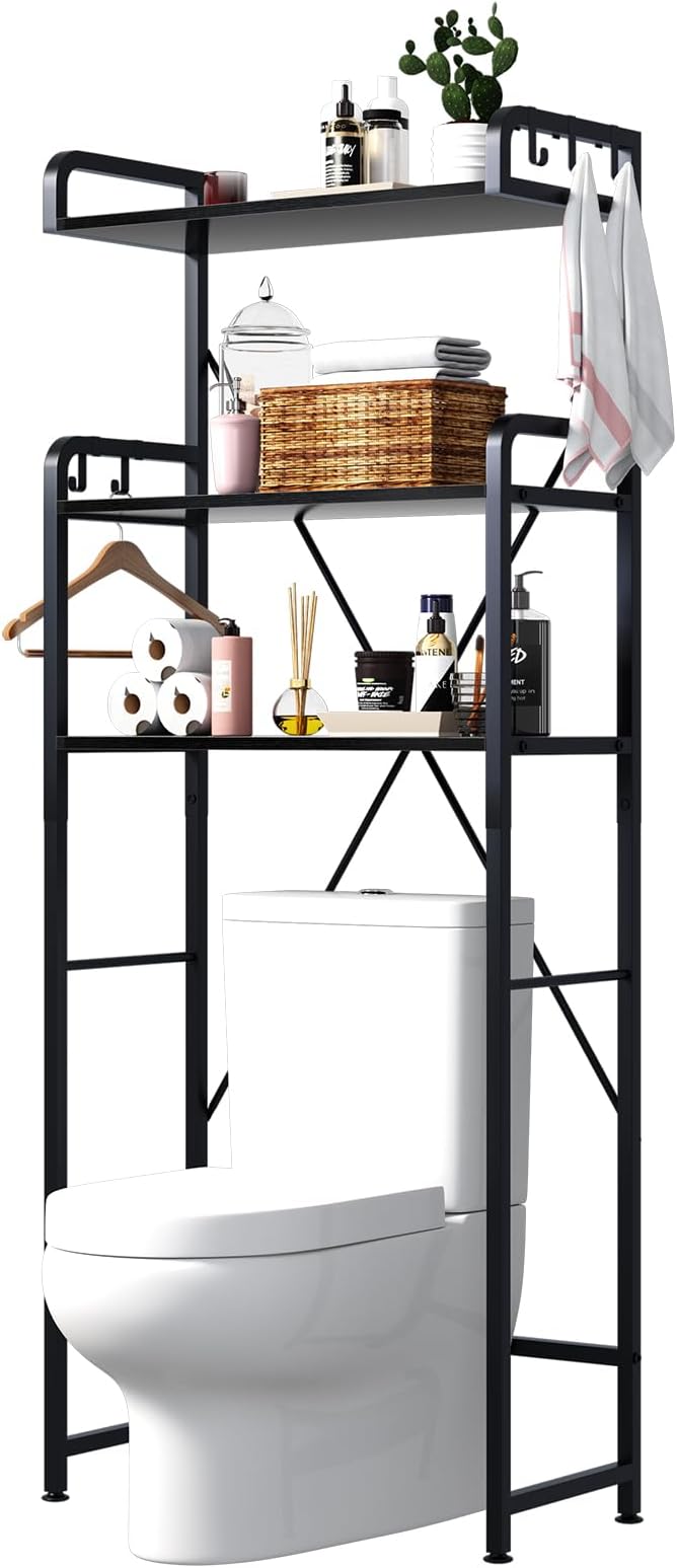 Huhote Over-The-Toilet Storage Rack with 3-Tier Shelves, Space Saver Toilet Shelf, Bathroom Storage Organizer with Hooks for Over-Toilet Storage (Black)