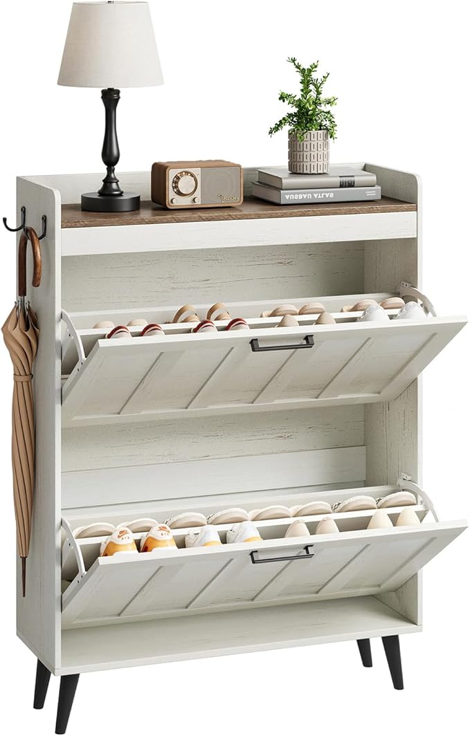ChooChoo Shoe Storage Cabinet with 2 Flip Drawers, Freestanding Hidden Slim Narrow Shoe Rack Cabinet, Farmhouse Shoe Organizer Storage for Entryway, Antique White & Brown