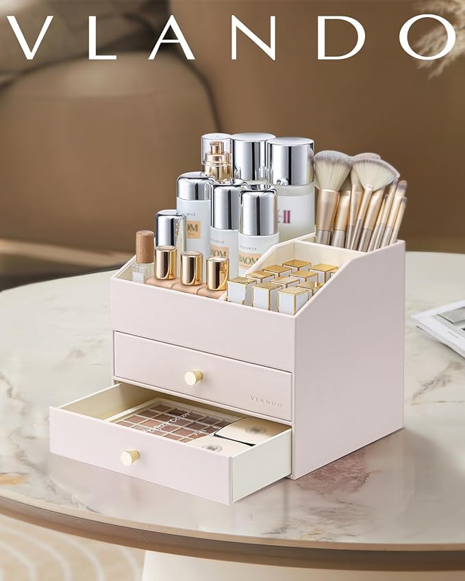 VLANDO Makeup Organizer,Skincare Organizer for Vanity，PU Leather Make up Organizer with Drawers Cosmetic Display Case for Countertop,Perfume,Gifts Ideas for Women (Apricot White)