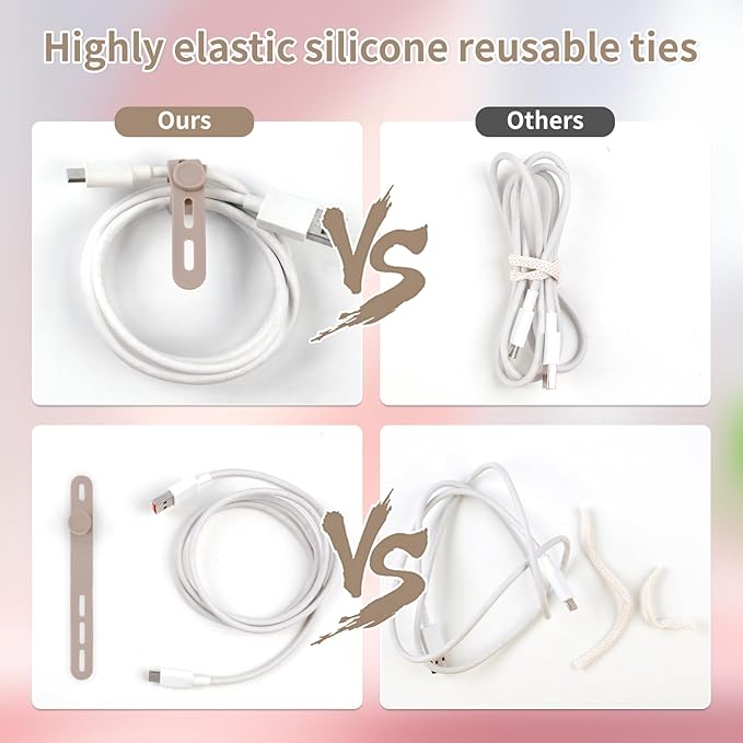 Oligei 25 Pcs Silicone Cable Ties, Cable Ties Reusable, High Elasticity Cord Wraps for Electrical Cords, Cord Organizer for Earphone, Phone Charger(Khaki)