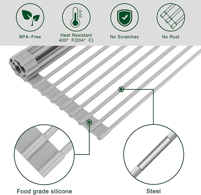 HANZENMA Roll Up Dish Drying Rack Over The Sink Kitchen Roll Up Sink Drying Rack Multipurpose Foldable Sink Drying Mat, Heat-Resistant, Anti-Slip & Anti-Rust Dish Rack for Kitchen, 17" x 13", Grey