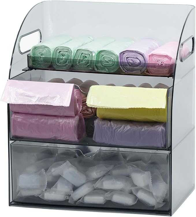 Plastic Under Sink Organizer with Drawers, Gray Kitchen and Pantry Storage Container for Trash Bags, Dishwasher Detergents, Sponge, Large Laundry Pods Dispenser with Handle for Cabinet