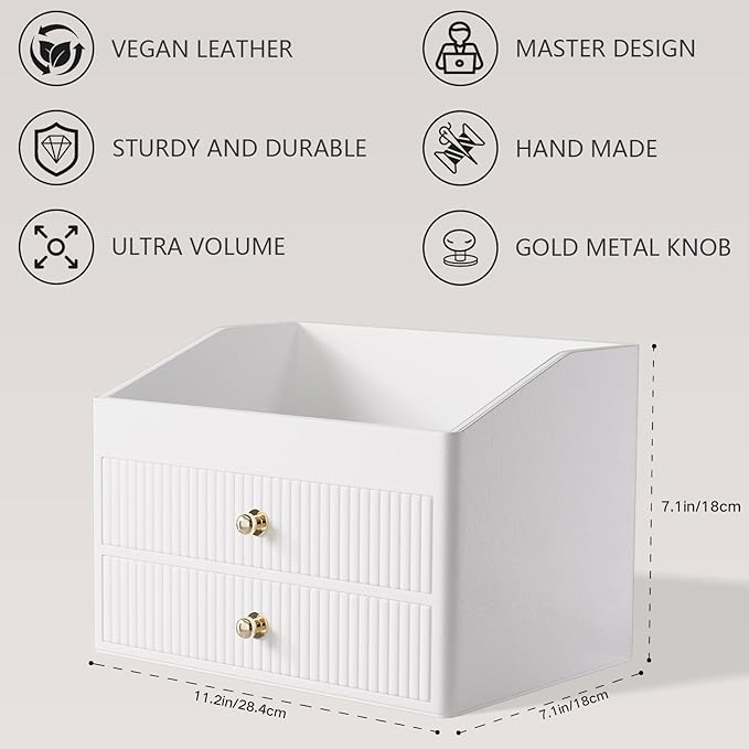Makeup Organizer Countertop, Leather Makeup Storage with 2 Drawers
