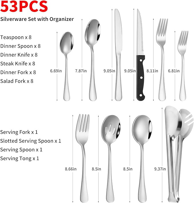 53PCS Silverware Set for 8 with Flatware Drawer Organizer, Stainless Steel Cutlery Set with Steak Knives, Include Spoons and Forks Set & Serving Utensils, Mirror Polished, Dishwasher Safe