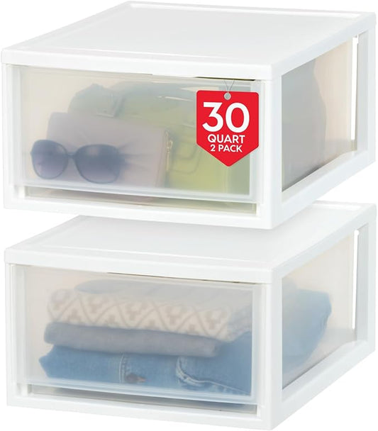 USA 30 Qt. Plastic Drawer Storage Organizer Stacking Drawers, 2-Pack, White