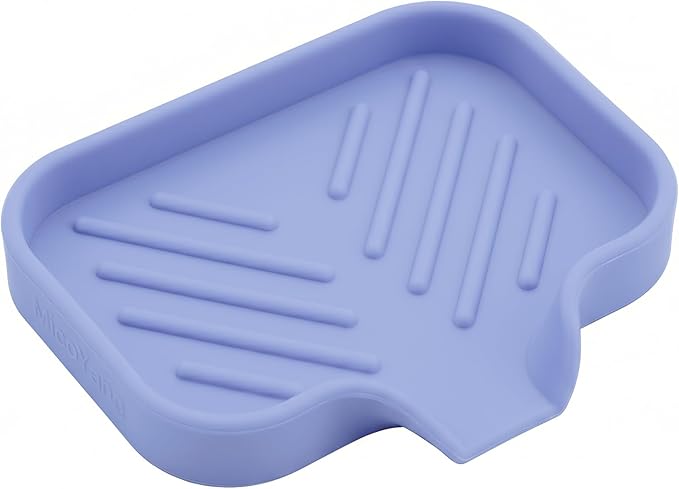 MicoYang Silicone Soap Dish with Drain Spout — Self-Draining Sink Organizer Tray for Bathroom & Kitchen, Holds Bar Soap, Sponges & Dispensers, Non-Slip & Dishwasher Safe,Light Purple(Small,4.9"×3.2")