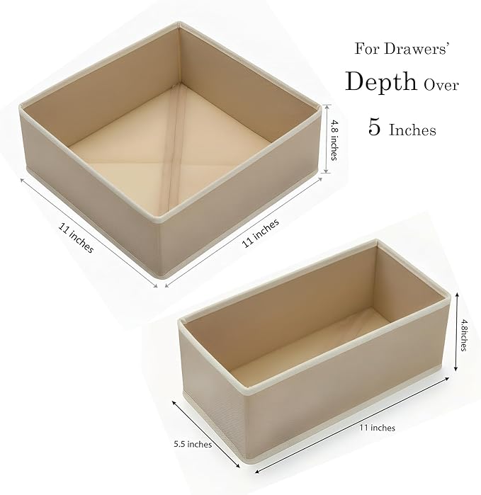 Drawer Organizer Set 4 Pack - Foldable Fabric Storage Bins with Zipper Bottom for Underwear Socks Bras Baby Clothes - Closet Dresser Organizers Dividers for Bedroom Nursery, Beige