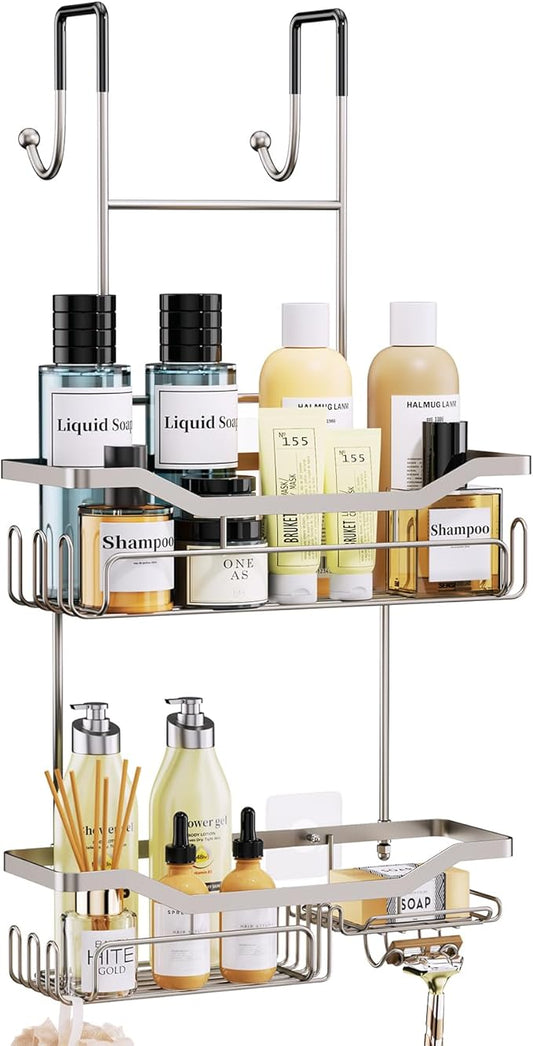 Hanging Shower Caddy Over the Door with Soap Holder, Brushed Nickel