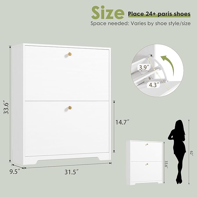 Nicetree Shoe Cabinet with 2 Flip Drawers, Narrow Shoe Organizer Cabinet, Freestanding Shoe Rack Cabinet, Morden Shoe Storage Cabinet for Entryway, Hallway, Foryer, White
