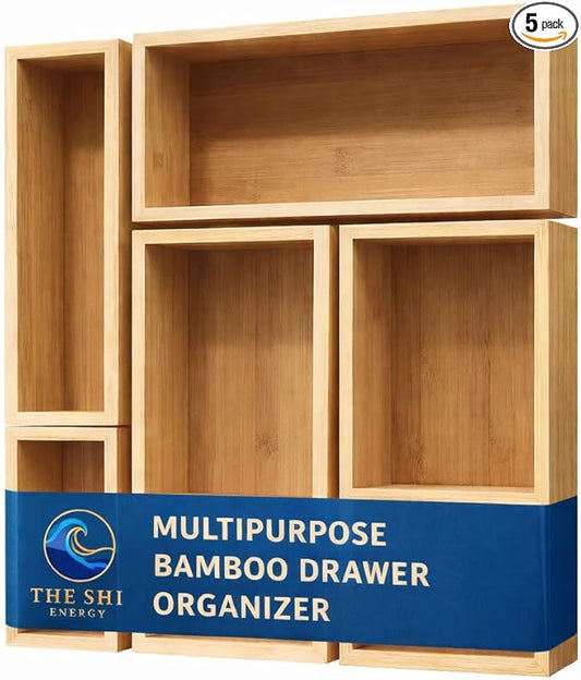 5-Piece Bamboo Drawer Organizer Set – Versatile Storage Trays for Kitchen, Bathroom, Office, Makeup, Jewelry & More – Drawer Dividers, Utensil Organizer & Storage Bin Set (5 Pieces)