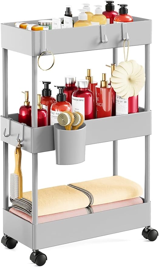Slim Storage Cart with Wheels, 3 Tier Bathroom Organizers and Storage Cart, Gray