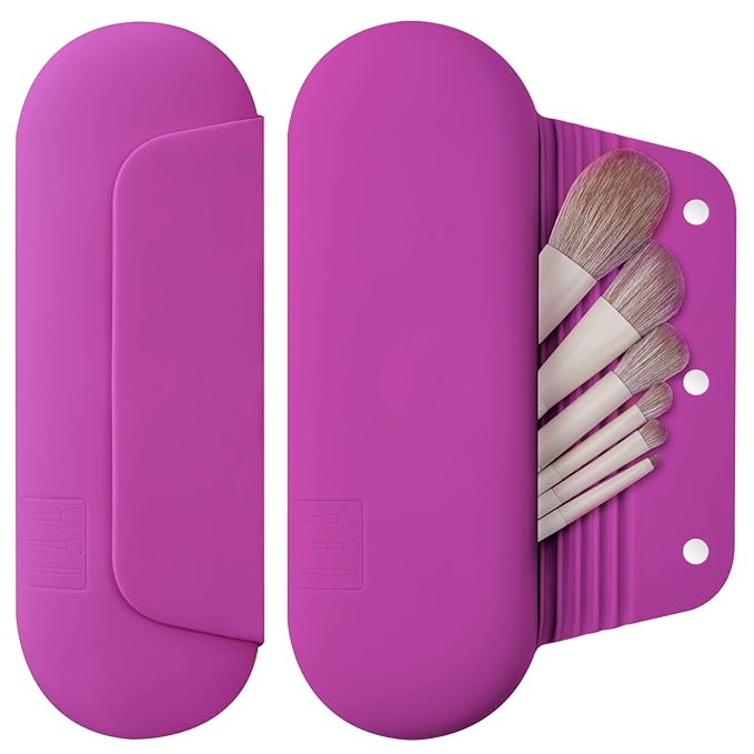 AGIKET Silicone Makeup Brush Holder Travel Cosmetic Bag：Soft Portable Cosmetic Face Brushes Holder with Upgrade Anti-Fall Out Magnetic Closure, Large Travel Makeup Brush Case - Bright Pink