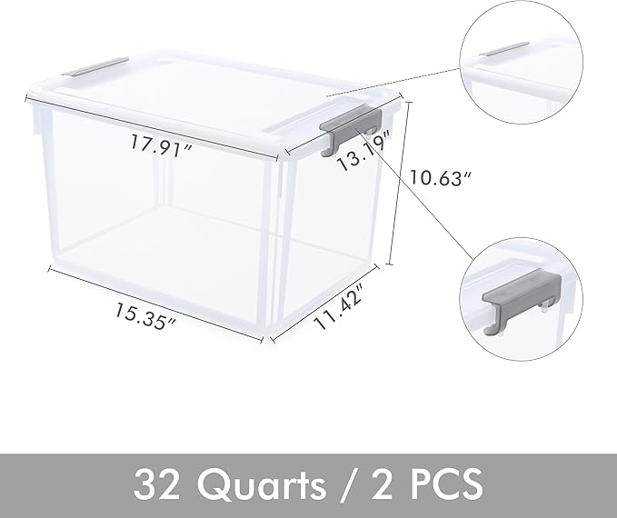 Citylife 32 QT Plastic Storage Bins with Latching Lids Stackable Storage Containers for Organizing Large Clear Storage Box for Garage, Closet, Classroom, Kitchen, 2 Packs