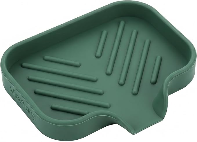 MicoYang Silicone Soap Dish with Drain Spout — Self-Draining Sink Organizer Tray for Bathroom & Kitchen, Holds Bar Soap, Sponges & Dispensers, Non-Slip & Dishwasher Safe, Green (Small, 4.9"×3.2")