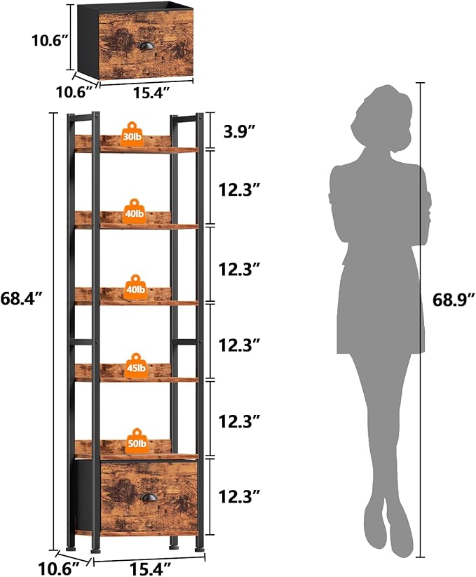 Book Shelf Set of 2, 6 Tier Tall Shelf with Drawer, Rustic Brown