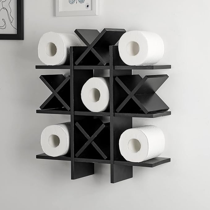 Weysat Tic Tac Toe Toilet Paper Holder Stand Bathroom Wall Decor Rustic Wooden Hanging Storage Freestanding Wall Mounted Shelves Decor for Toilet Tissue Farmhouse