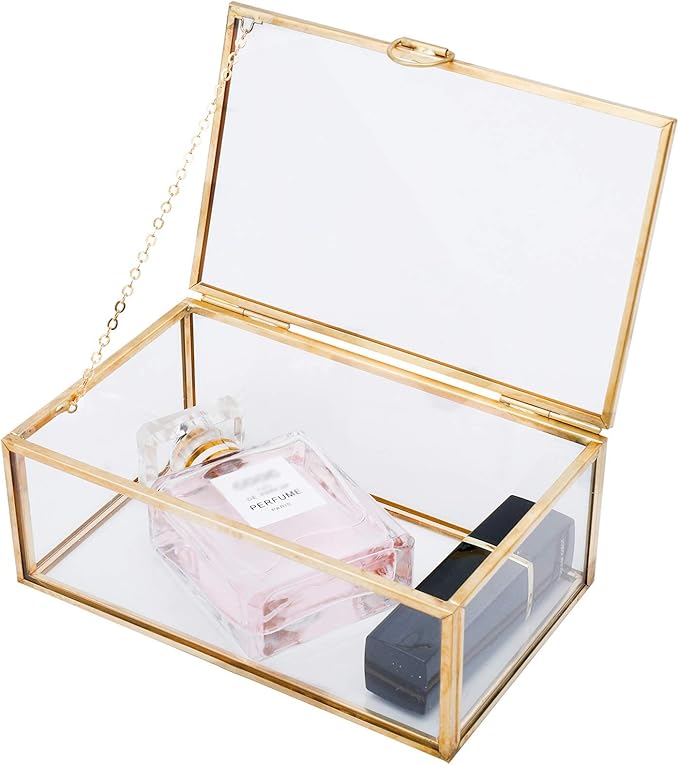 HighFree Vintage Glass Box with Lid - Clear Jewelry Glass Display Box Keepsake Box - Home Decor Decorative Box for Trinket Rings Bracelet (Gold, X-Small)