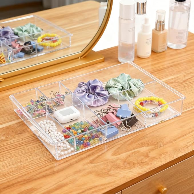 Acrylic Drawer Organizer, 8-Section Clear Acrylic Drawer Divider Tray Makeup Tray Organizer for Office Bedroom Drawers