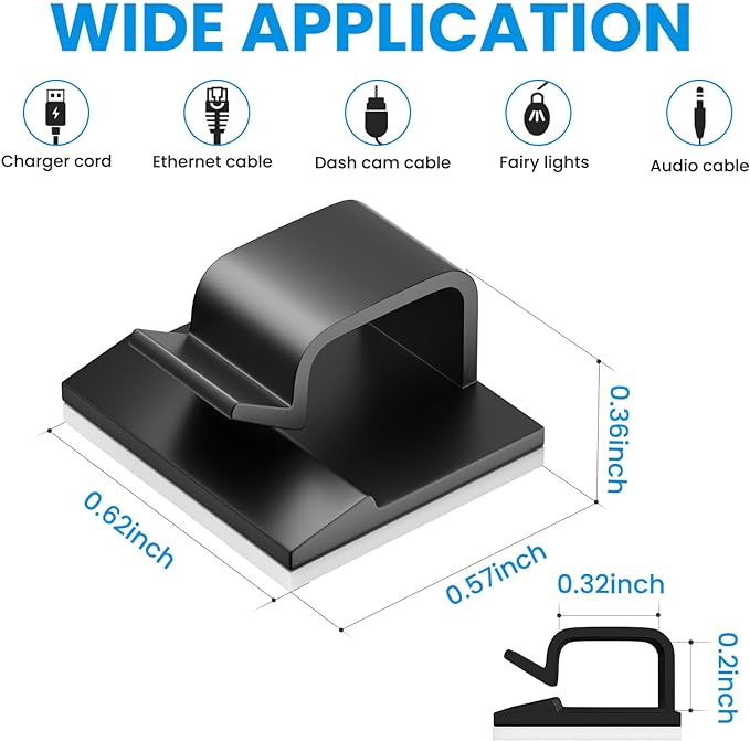 30 Pcs Small Black Adhesive Cable Clips for Cord Management Under Desk Nightstand Phone PC Charger Plug Speaker TV Cord Holder Keeper Hook Wall Wire Organizer Car Dash Cam Ethernet Christmas Light