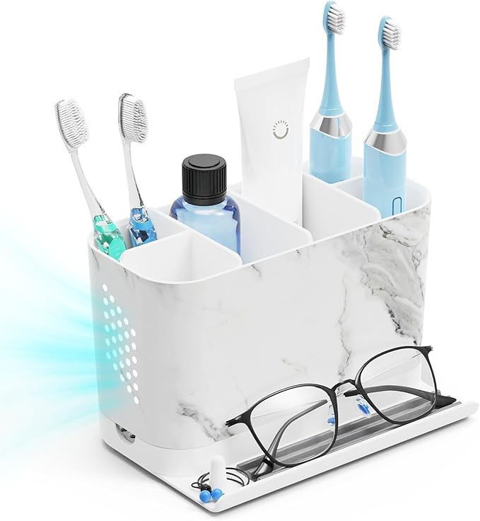 Toothbrush Holders, Toothbrush Caddy with Front Ledge and Cord Slots, Detachable Tooth Brush Holder for Bathroom Countertop, Shower, Vanity, Large Capacity 6 Slots Marble Bathroom Accessories